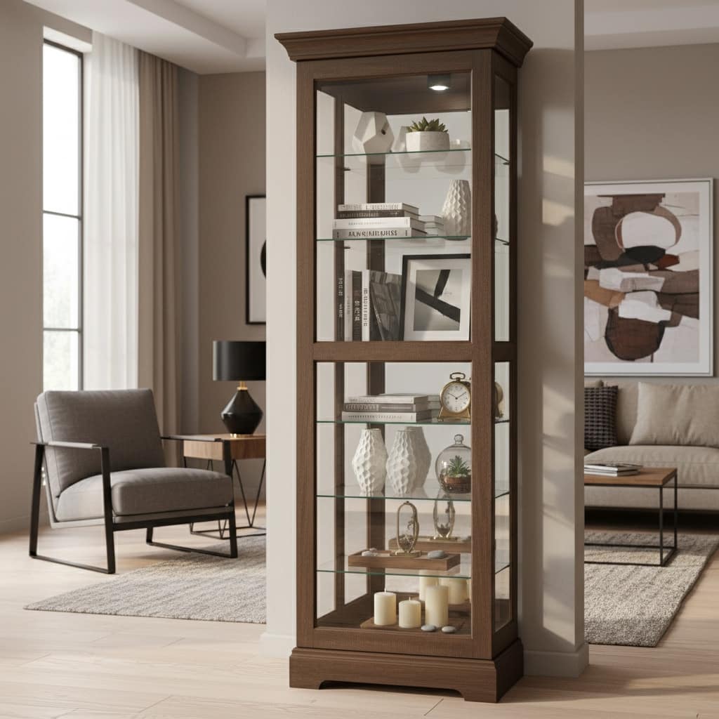 Howard Miller Martindale IV Contemporary Modern, Transitional, Rich Aged Solid Wood, Tall, 7-Shelf Living Room Curio Cabinet