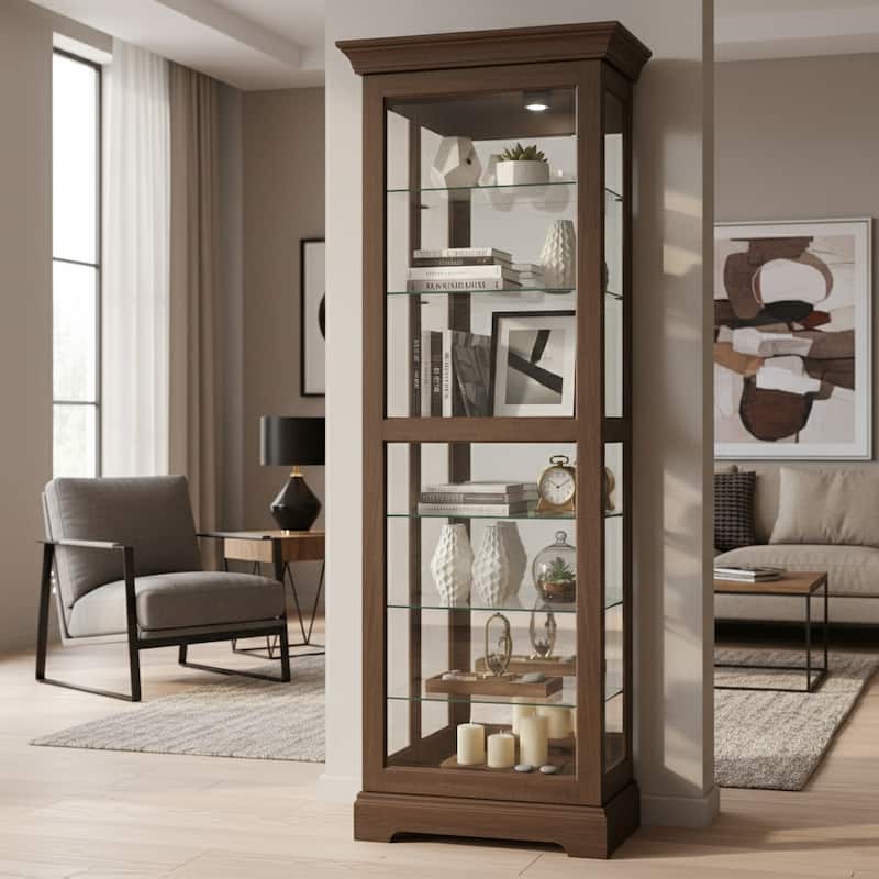 Howard Miller Martindale IV Contemporary Modern, Transitional, Rich Aged Solid Wood, Tall, 7-Shelf Living Room Curio Cabinet - Brown
