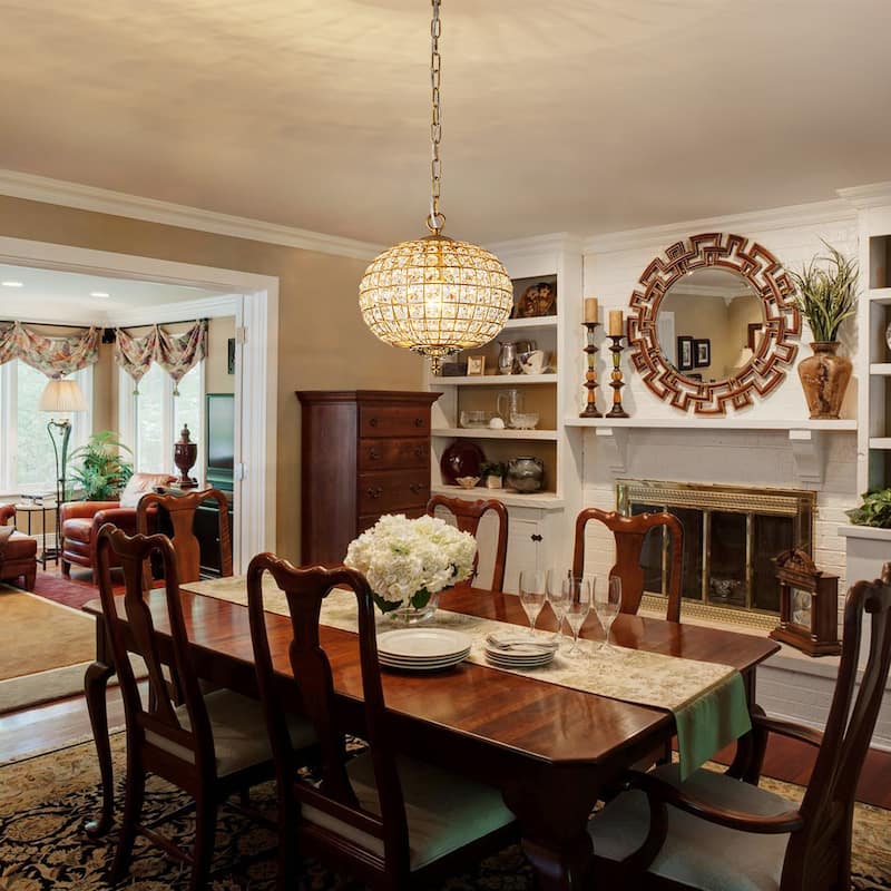 Retro French 4/5-Light Antique Brass Globe Crystal Chandelier for Living/Dining Room