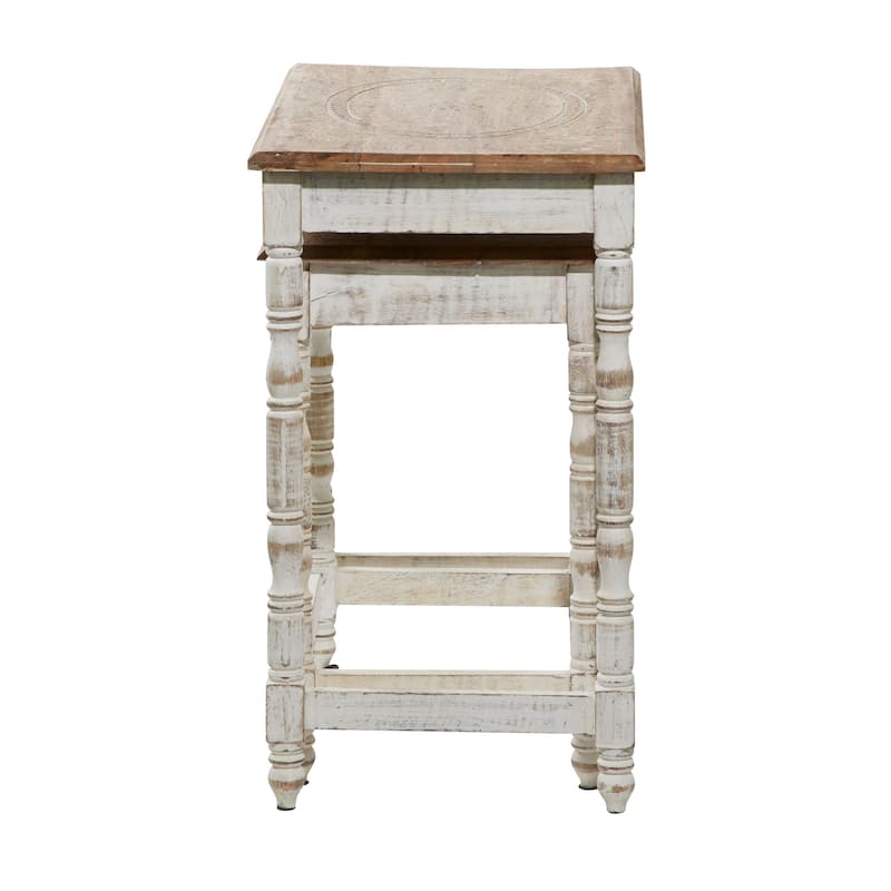 Mango Wood Floral Handmade Intricately Carved Accent Table with Carved Tabletops - Set of 2 Brown or White - Roche River Decor
