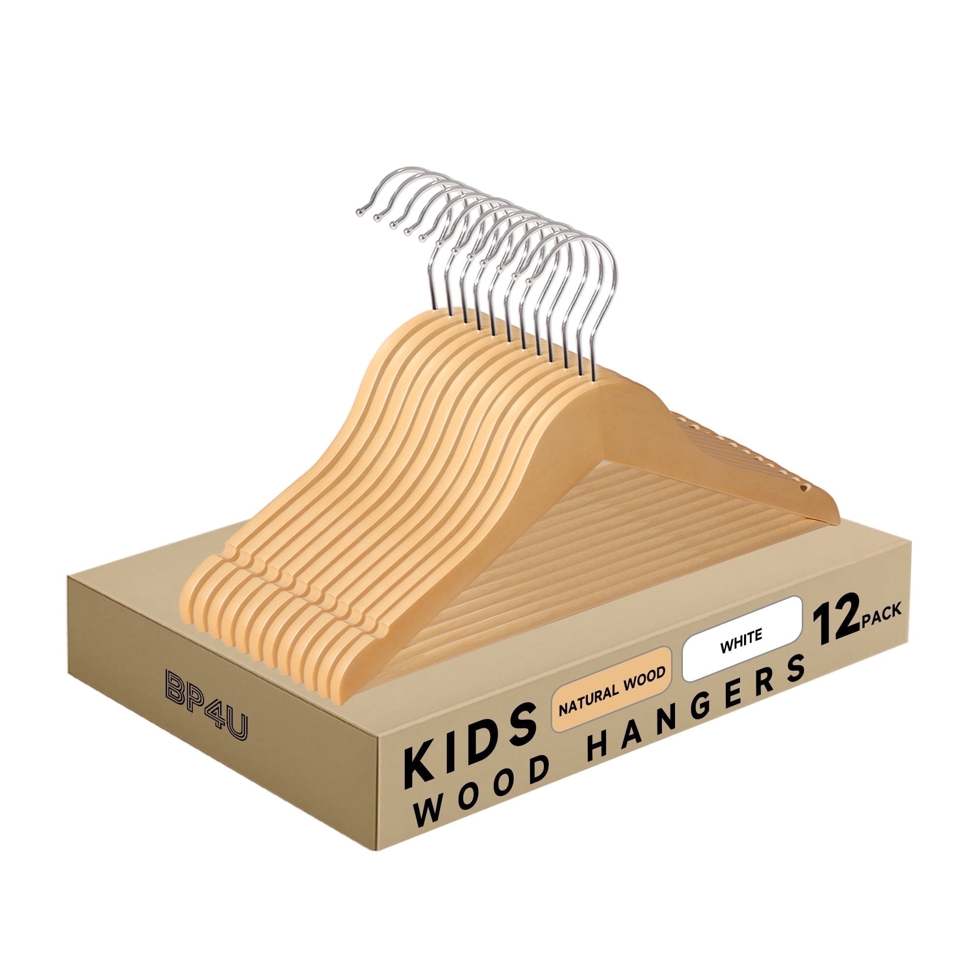 BP4U Kids Wooden Hangers with Pants Bar, Wood Clothes Hangers for Baby, Newborns, Toddlers & Children's Shirts, Coats, Dresses