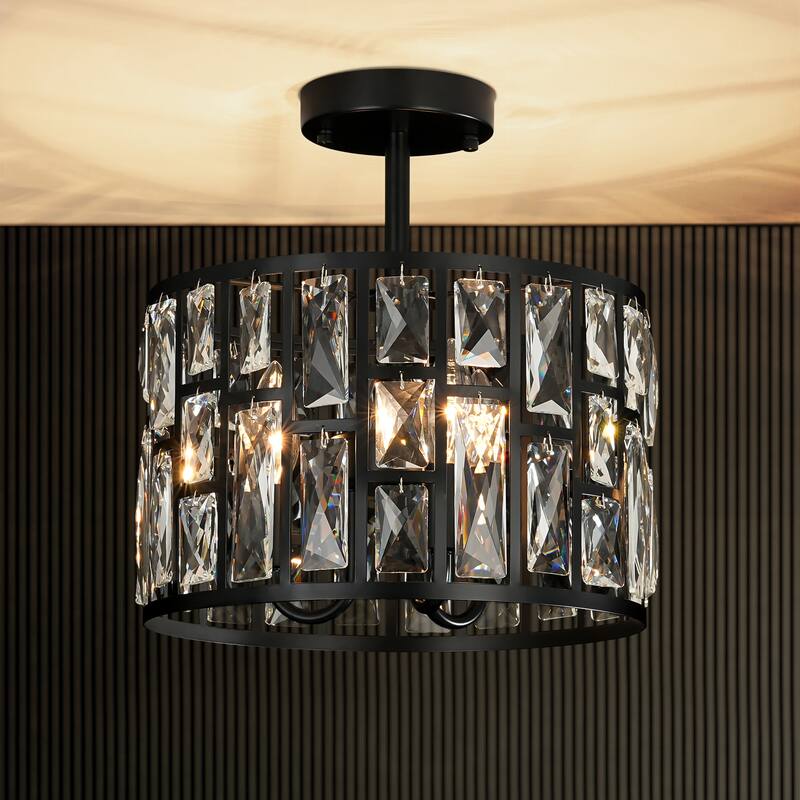 3/5-Light Industrial Vintage Black Drum Semi-Flush Mount Ceiling Light with Crystal Accents - 11.81 in. W x 12.99 in. H