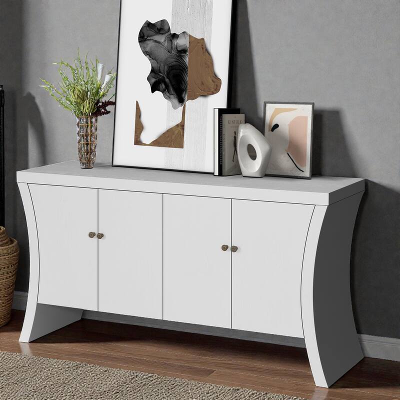 Industrial 4-Door Credenza with Wooden Arc Legs and Bronze Clasps, Modern Storage Cabinet for Living Room