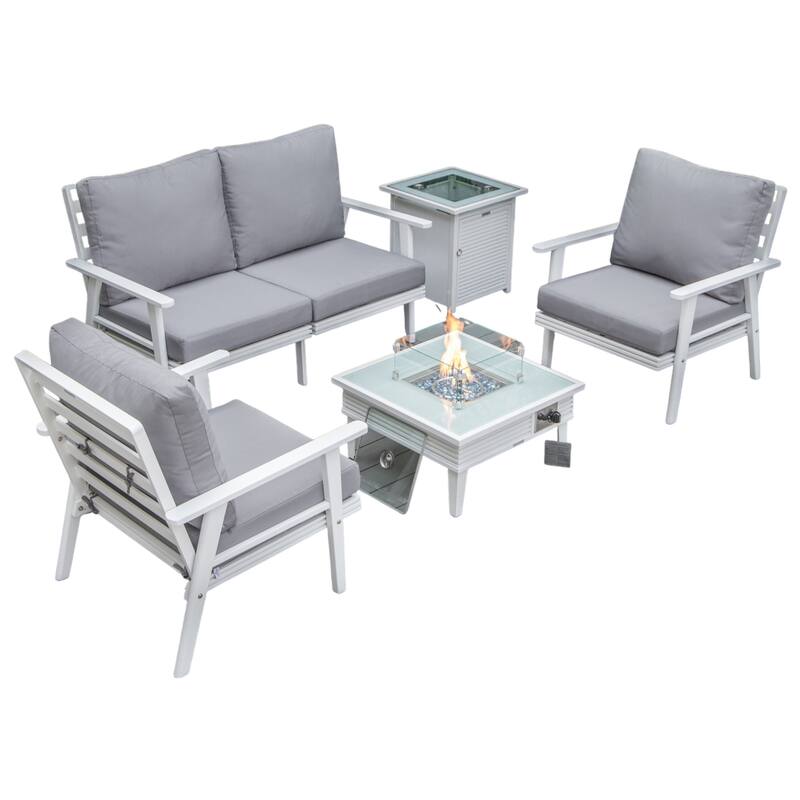 Walbrooke Polyester Upholstered Aluminum Powder Coated Outdoor Patio Furniture Set with Fire Pit Table - Grey