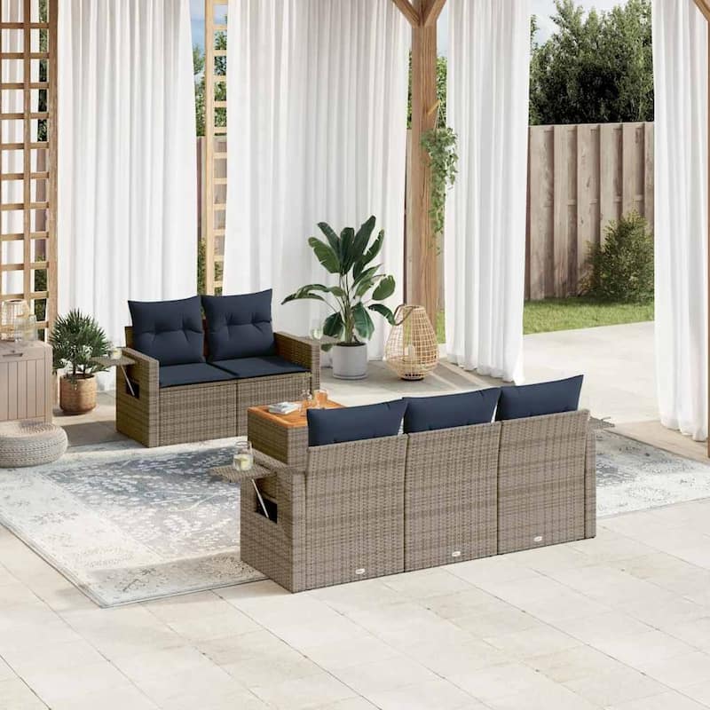 vidaXL 6 Piece Patio Sofa Set with Cushions Black Poly Rattan - 21.7" x 24.4" x 27.2" - Grey and blue