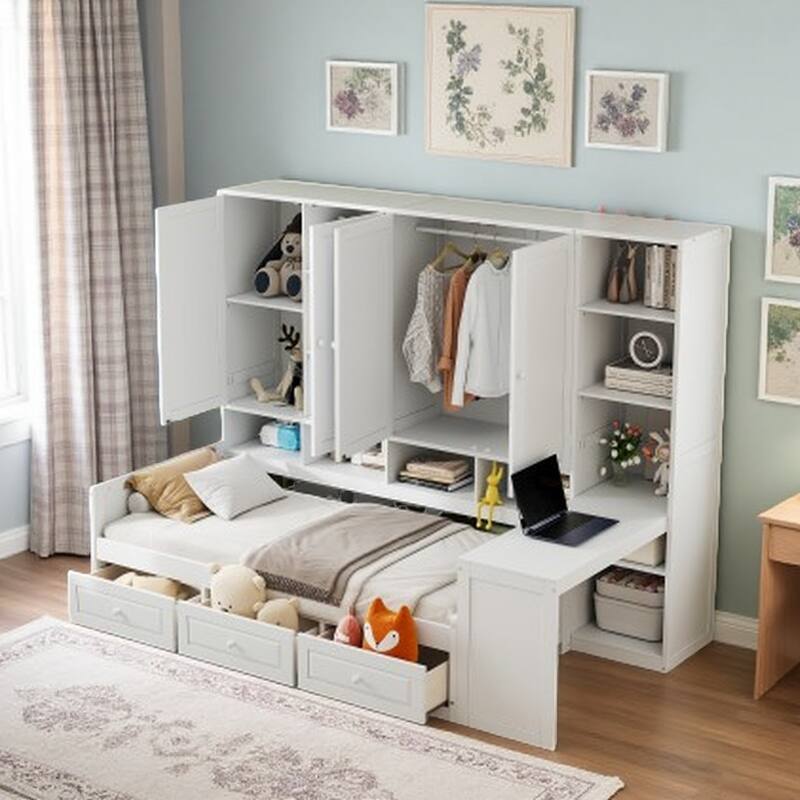 Full Size Wood Daybed with Built-In Desk, Drawers, Shelves & Cabinets, with Reversible Workspace and Storage - Twin White - Twin