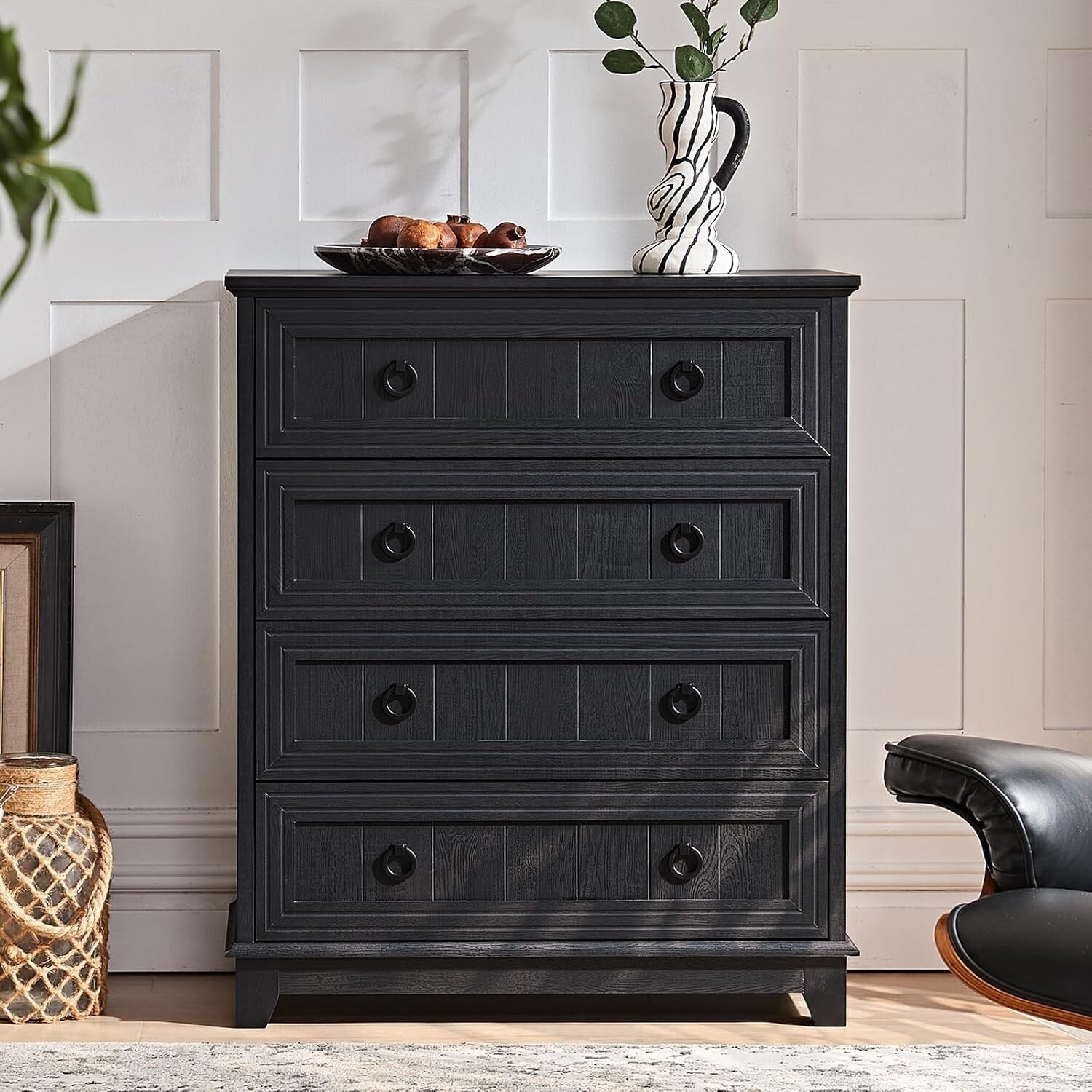 farmhouse black dresser 35 Inch Tall with 4 Drawers, Rustic Wood Storage Organizer for Bedroom or Living Room - - Bed Bath & Beyond print:polka-dot ASOS Design - V-Neck Size:IT 36 - US 6 and cedar