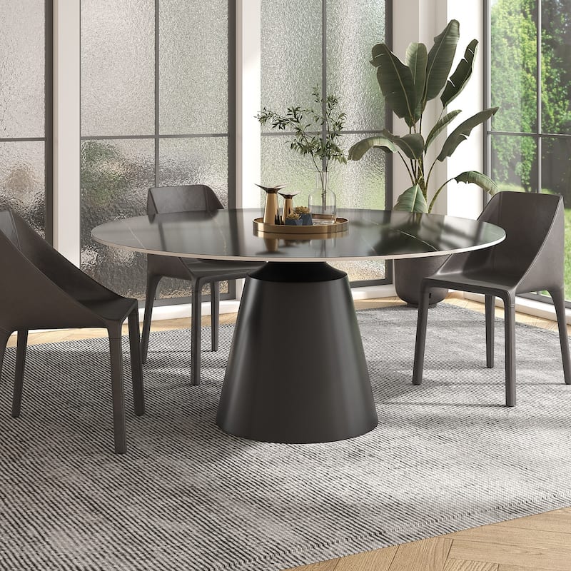 Modern Round Rock Slabs Black Titanium Stainless Steel Pedestal Dining Table