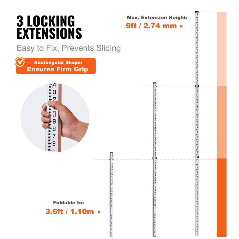 Aluminum Grade Rod, Telescopic Measuring Rod, Double-Sided Scale Leveling Rod Stick,Aluminum Alloy Survey Rod with Bubble Level
