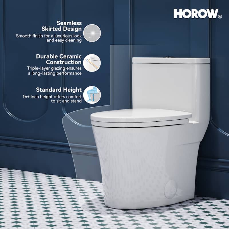 HOROW 1 Piece Dual Flush Elongated Toilet White Skirted Design 12 Inch Rough In Seat Included - N/A