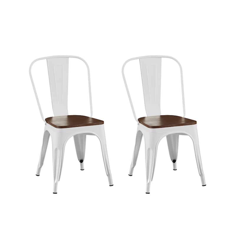 Wooden Seat Industrial Metal Stackable Dining Chair Set - Gloss White - Set of 2