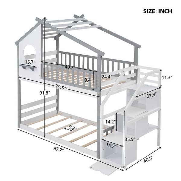 dimension image slide 1 of 2, Stairway Twin-Over-Twin Bunk Bed,House Bed,Storage and Guard Rail