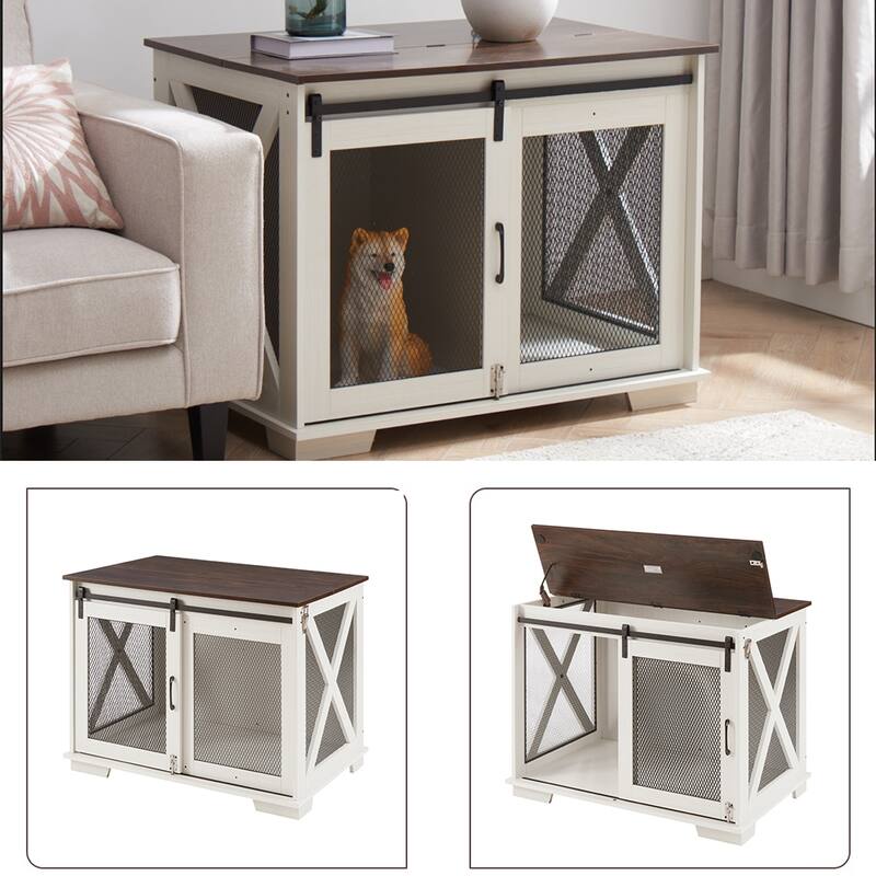 Farmhouse Dog Cage Crate Furniture with Sliding Barn Door, Wood Dog Kennel End Table, Flip-top Plate, Detachable Divide