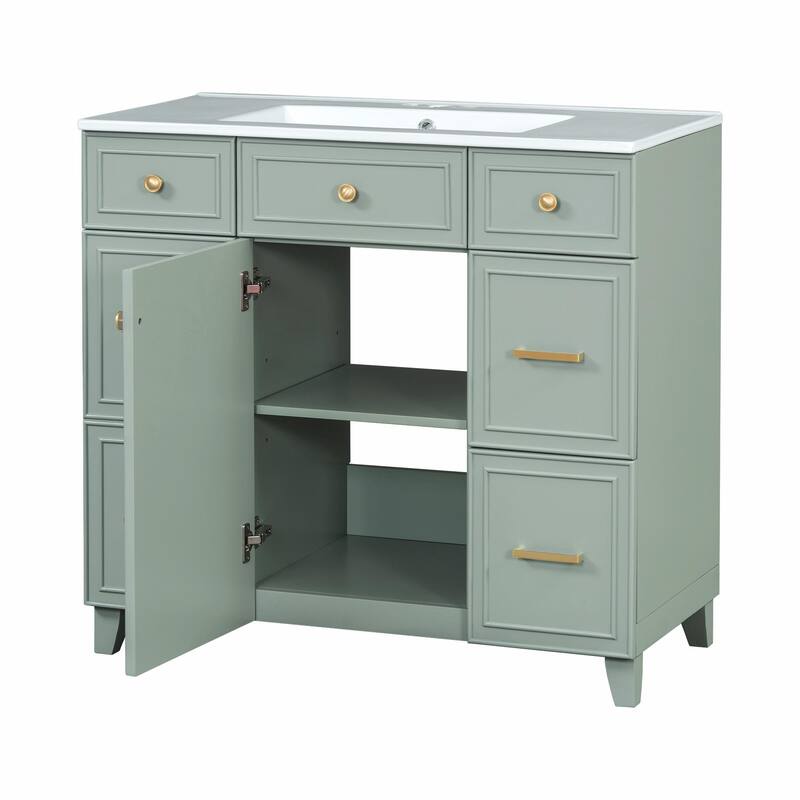 36" Bathroom Vanity with Ceramic Sink, Blue, Solid Wood Frame, Soft-Close Doors, Adjustable Shelves