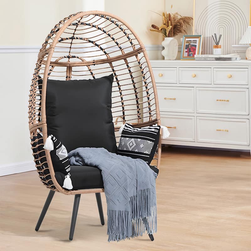 Outdoor 1-Person Wicker Rattan Egg Chair with Stand & Cushion for Porch, Bedroom - Black