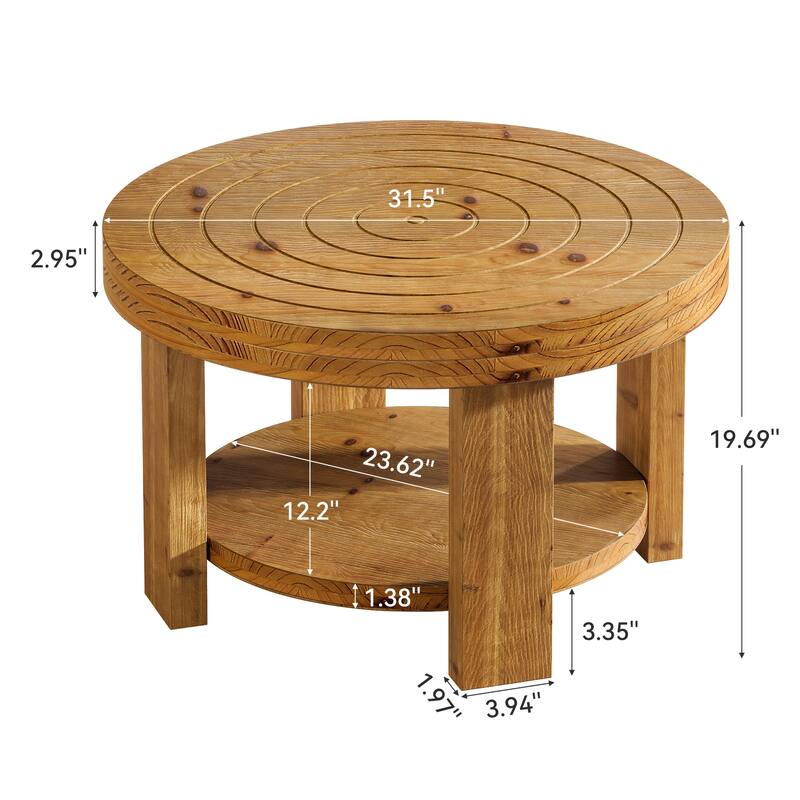 31.5" Round Coffee Table, 2-Tier Farmhouse Solid Wood Coffee Table