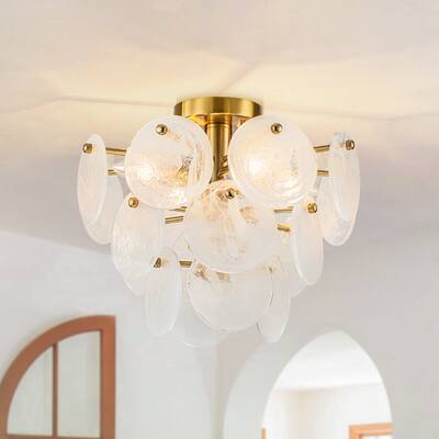 4-Light Tiered Cloud Glass Discs Semi-flush Mount - Burnished Brass - 13.8in