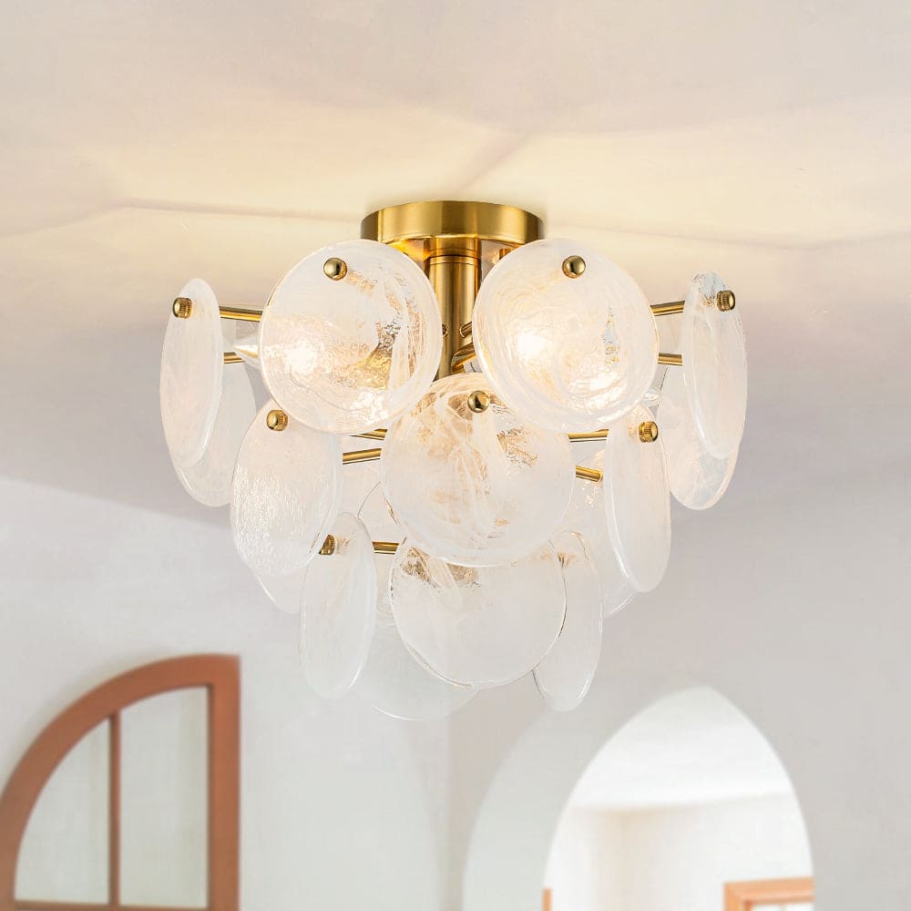 4-Light Tiered Cloud Glass Discs Semi-flush Mount - Burnished Brass - 13.8in