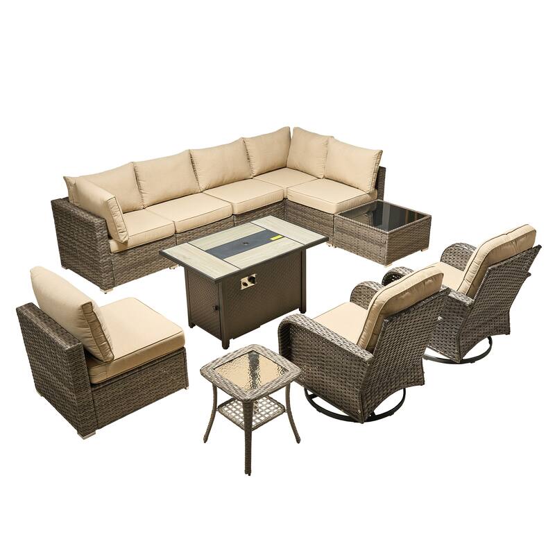 HOOOWOOO 11-piece Wicker Furniture Set Outdoor Sectional Sofa with Fire Pit