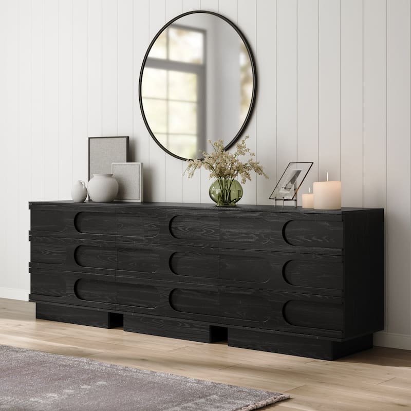 Iris 3 Drawer Dresser, Mid-Century Modern Solid Wood Dresser for Bedroom - Black Oak - Set of 3 - 3-drawer
