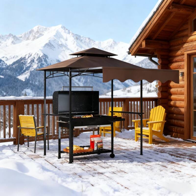 8' x 5' Adjustable Outdoor Grill Gazebo with Ventilated Double-Top and Utility Shelves
