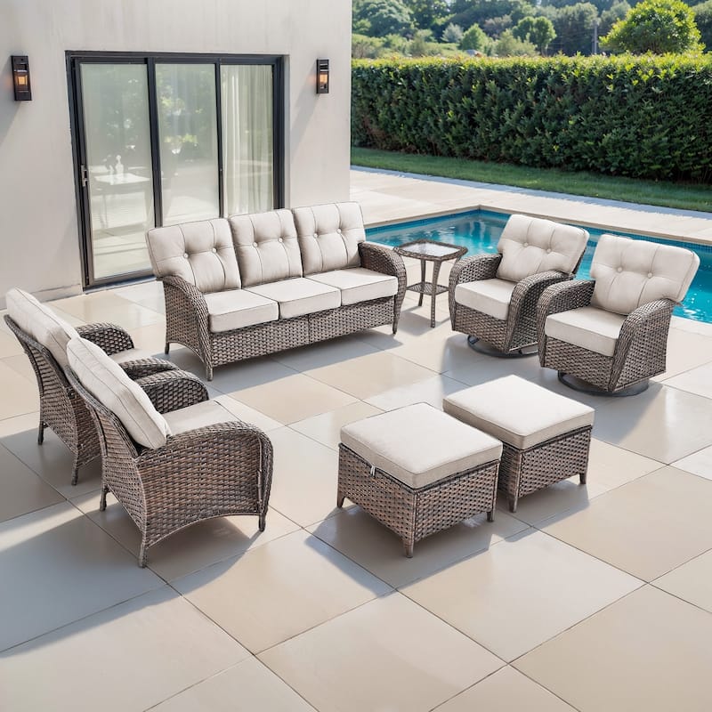 TWrap 8-Piece Patio Brown Wicker Sofa Conversation Set with 5-Inch Thick Cushions