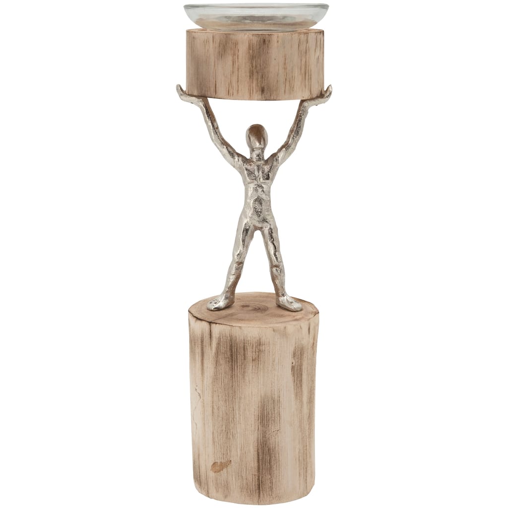 14 Inch Wooden Standing Man Candle Holder, Brown and Silver