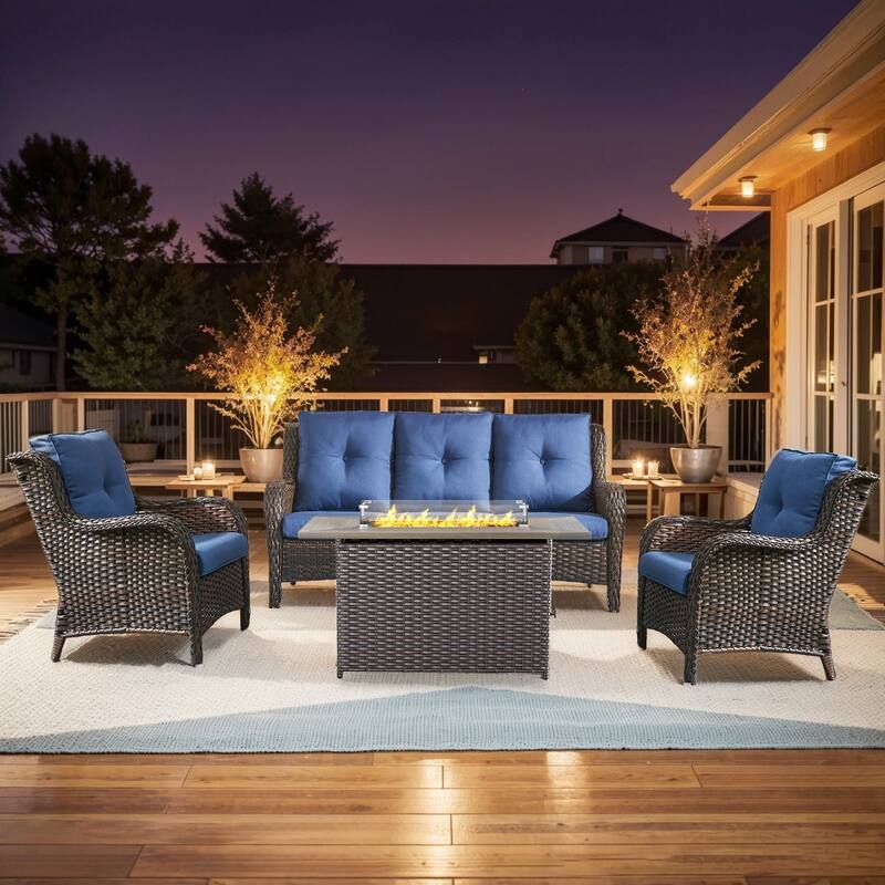 Gymojoy 4-Piece Outdoor Wicker Furniture Set, 2 Patio Chairs, 3-Seat Sofa & Fire Pit Table - Brown Wicker / Blue Cusion - 4-Piece