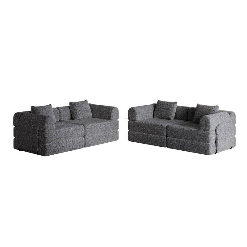 Set of 2 Loveseat Couch Chenille Modular Splicing Sectional Sofa Convertible Sleeper Sofa Bed with Side Pockets and Pillows