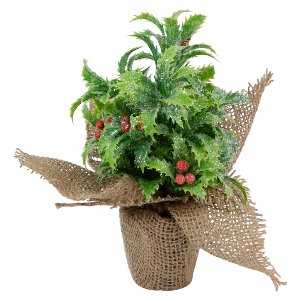 8" Iced Artificial Christmas Holly Berry Plant in Burlap Base