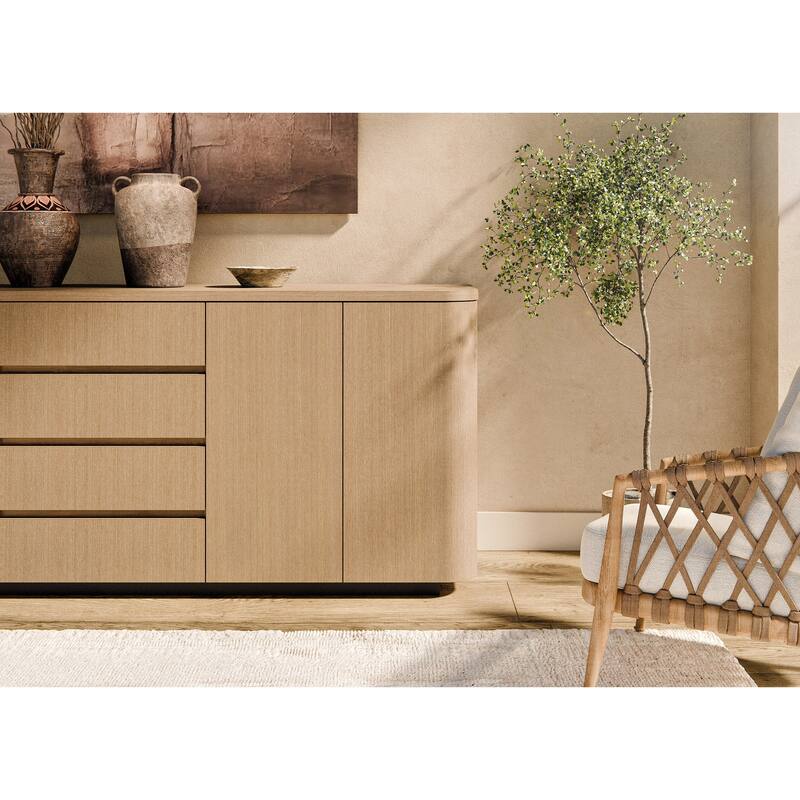 Light Oak Sideboard Buffet Cabinet with 4 Drawers & 2 Doors, Push-to-Open System, Waterproof Surface & Anti-Tip Kit Dresser
