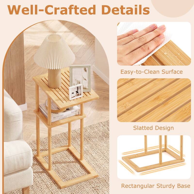 Gymax Side Table Set of 2 w/Storage Shelves & Bamboo Construction for