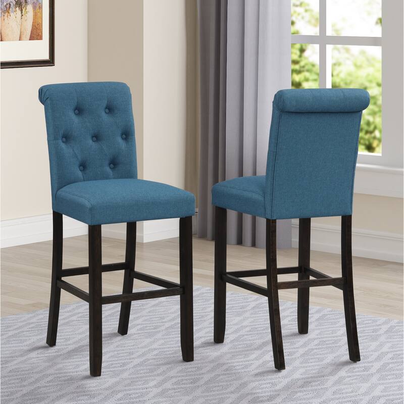 Roundhill Furniture Leviton Solid Wood Tufted Asons Barstool, Set of 2 - Blue