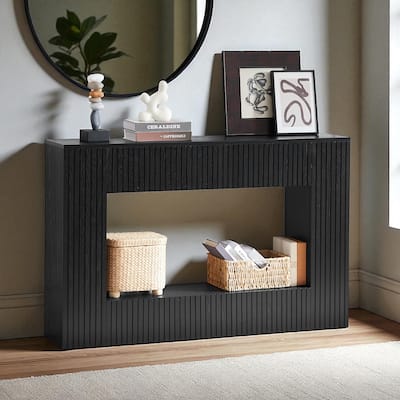 55" Modern Slatted Console Table, Narrow Entryway Table with Ash Veneer for Hallway or Foyer