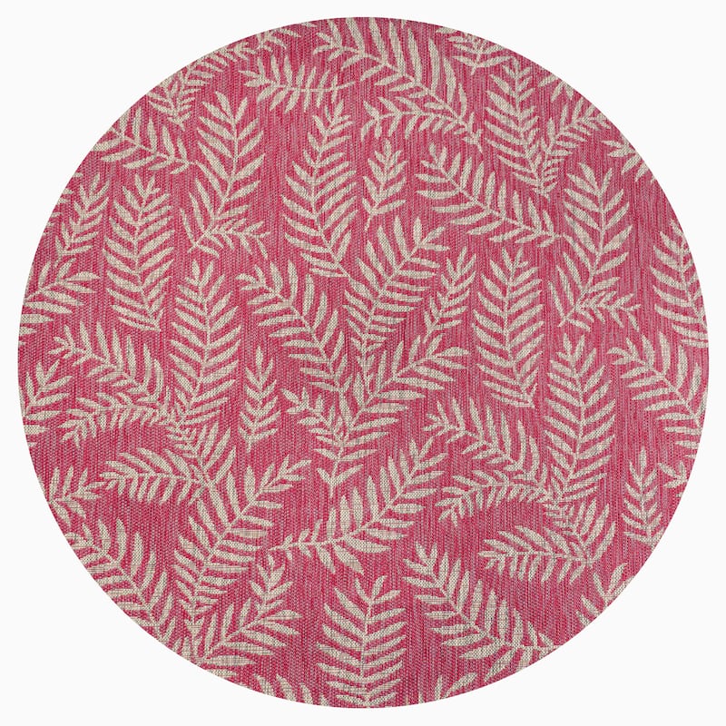 JONATHAN Y Galon Palm Frond Indoor/Outdoor Area Rug - 5' Round - Fuchsia/Light Gray