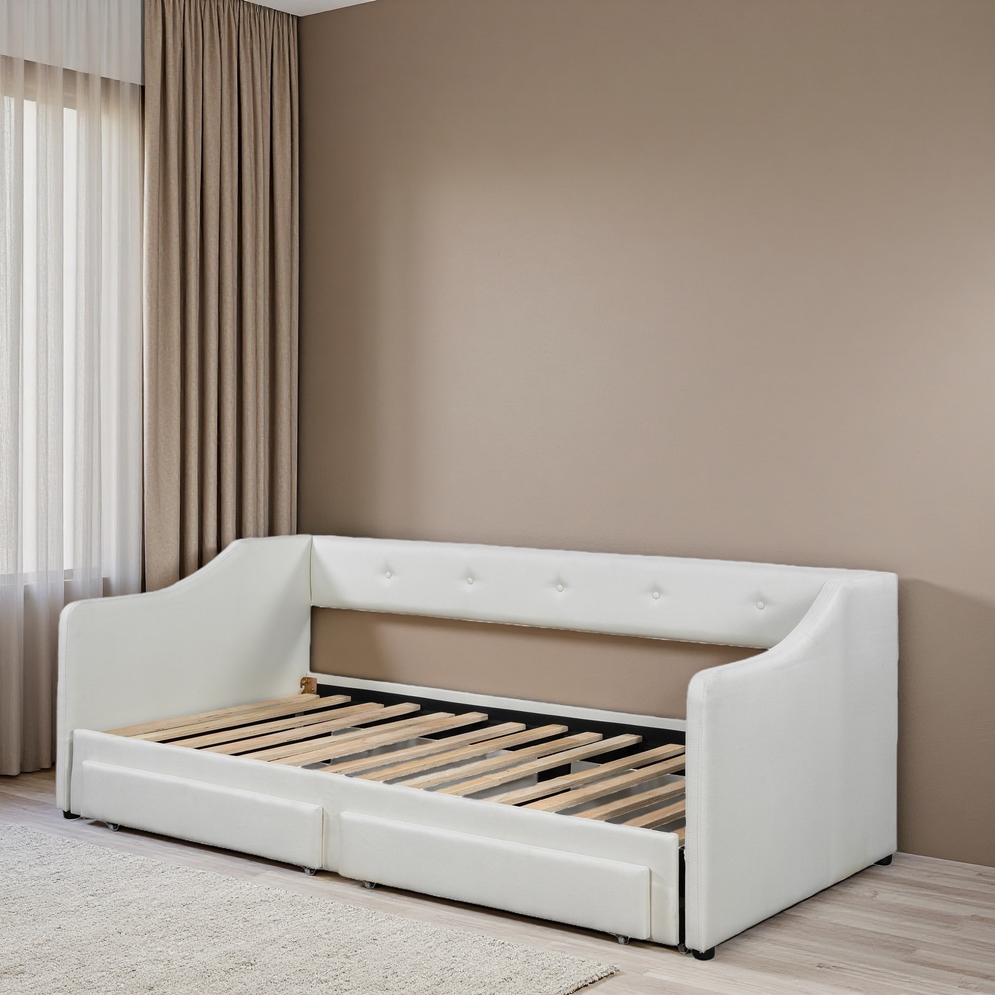 Twin XL-King Linen Upholstered Daybed with Drawers & Trundle