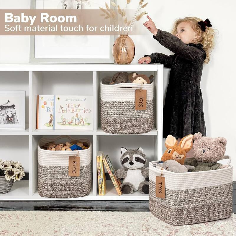 Woven Rope Storage Basket Set of 3, Closet Baskets for Toys, Books, Rectangle Decorative Baskets - 10"D x 13"W x 9"H