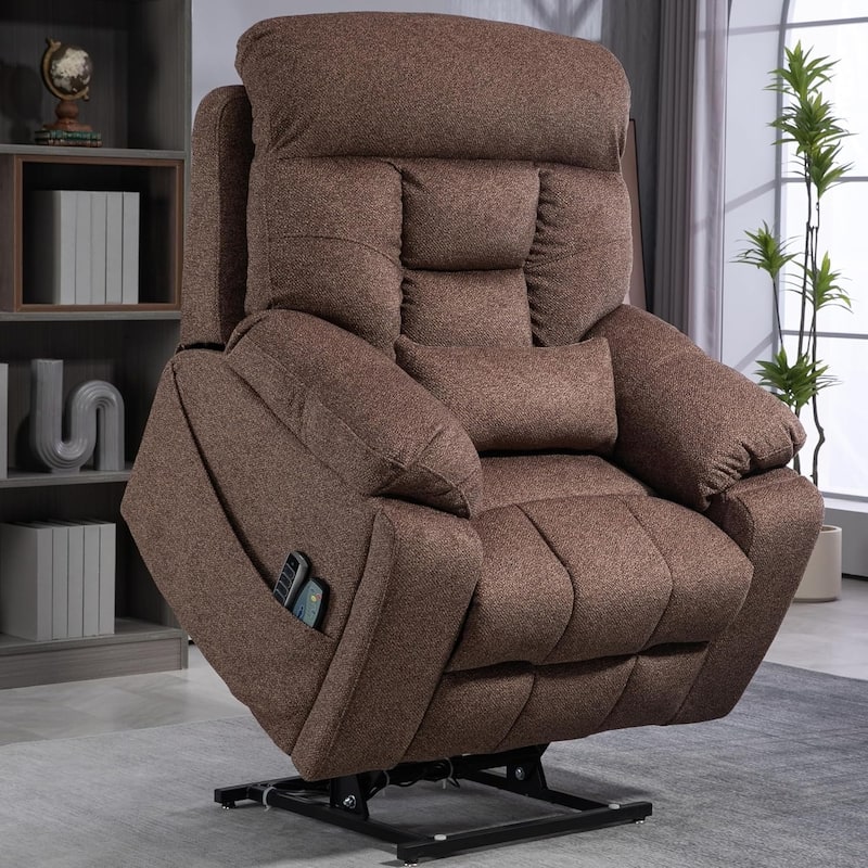 Luxury Electric Lift Recliner with Heat, Massage, 180° Recline, 4 OKIN Motors, Dual Remotes, and Cup Holders.