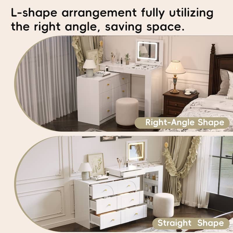 Vanity Desk with Mirror and Lights, Makeup Vanity Table with Flip-Top Tabletop and Storage 7 Drawers