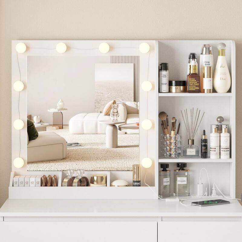 Makeup Vanity Desk Set with Mirror & Light,Storage Lots with Power Strip,3 Lighting Modes with Adjustable Brightness,37 Inches