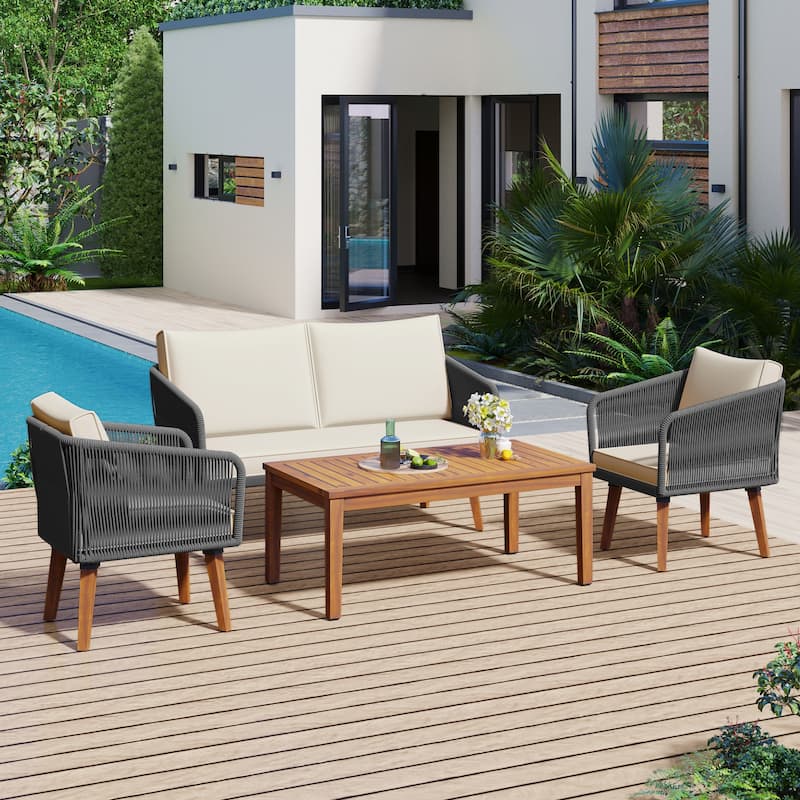 4 Pieces Outdoor Patio Furniture Set for Cushions Backyard, Poolside, Garden (Beige Cushion + Grey Rope)