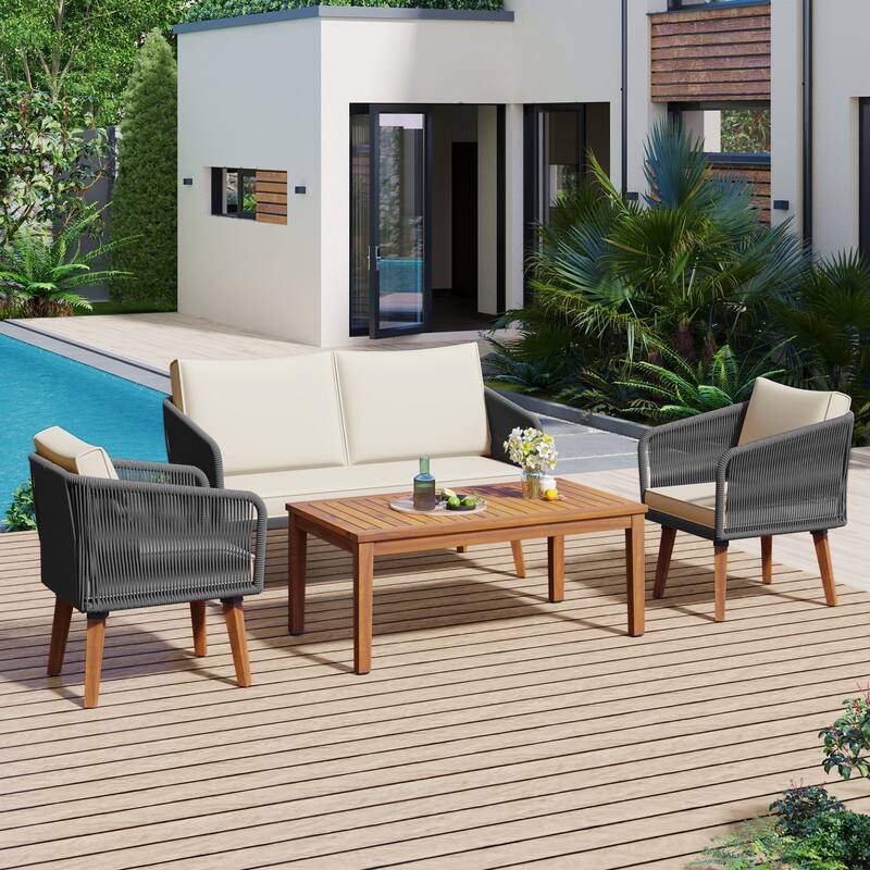 4pc Patio Conversation Group Set wLoveseat, 2 Accent Chairs and Table