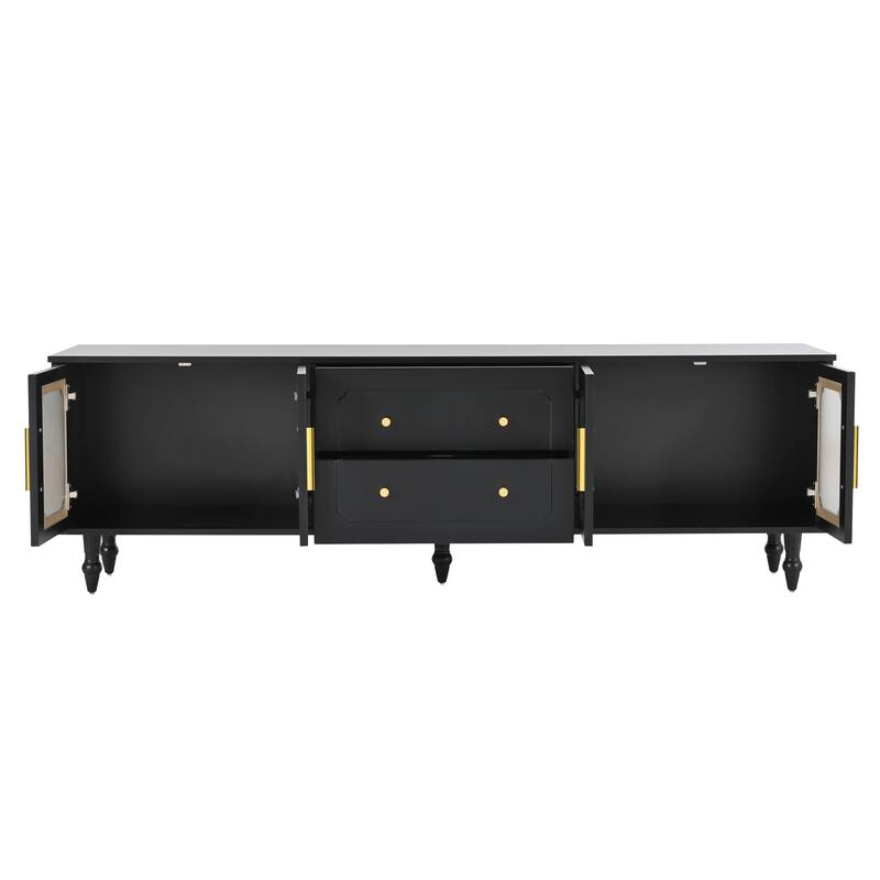 Retro Design TV Stand, for TVs Up to 78'' with Arch Fluted Glass Doors 2 Drawers and Cabinets, for Living Rooms, Black