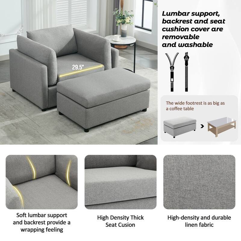 Modern Oversized Armchair with Ottoman, Single Sofa with Lumbar Support, Accent Chair, Reading Chair for Bedroom, Living Room