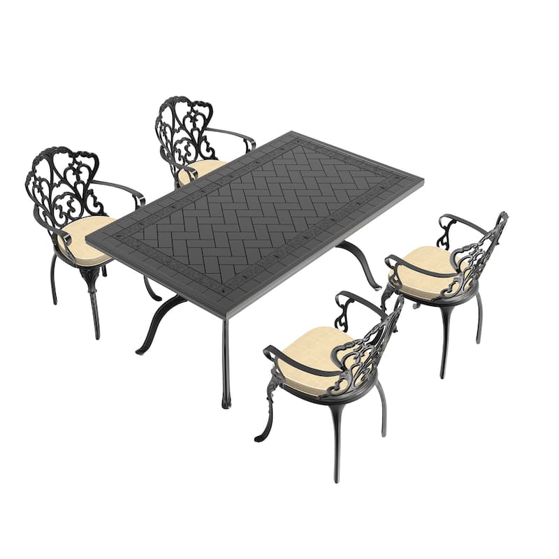 5/7-Piece Cast Aluminum Outdoor Dining Set with 59.06'' L X 35.43'' W Rectangular Table and Random Color Seat Cushions