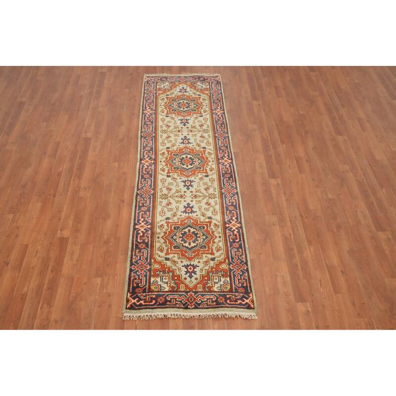 Hand Knotted Oriental 100% Wool Carpet Traditional Geometric Beige & Ivories Heriz (serapi) Runner Rug - 8' 1'' X 2' 7''