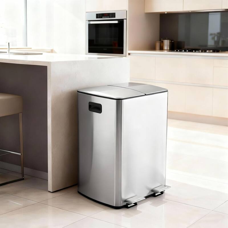 16-Gallon Soft-Close Lids Dual Compartment Trash Can Recycling Bin for Kitchen