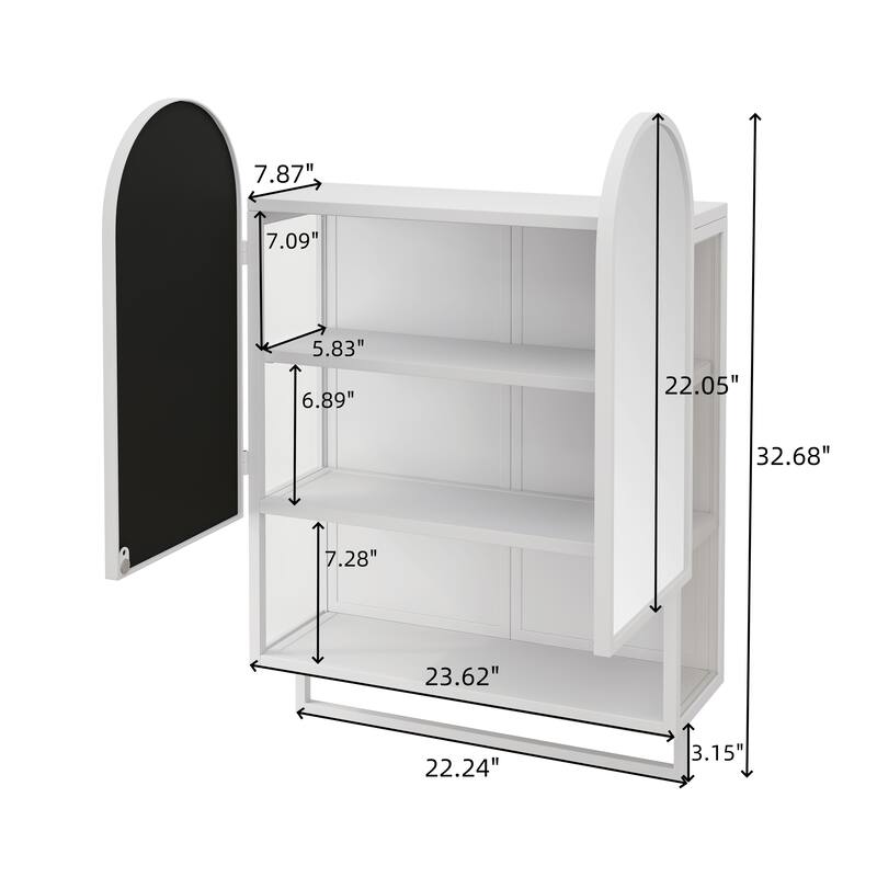 Mirror Cabinet with 2 Arched Doors, Wall Mounted Bathroom Medicine Cabinet, Metal Wall Cabinet with Open Shelf & Towel Rack