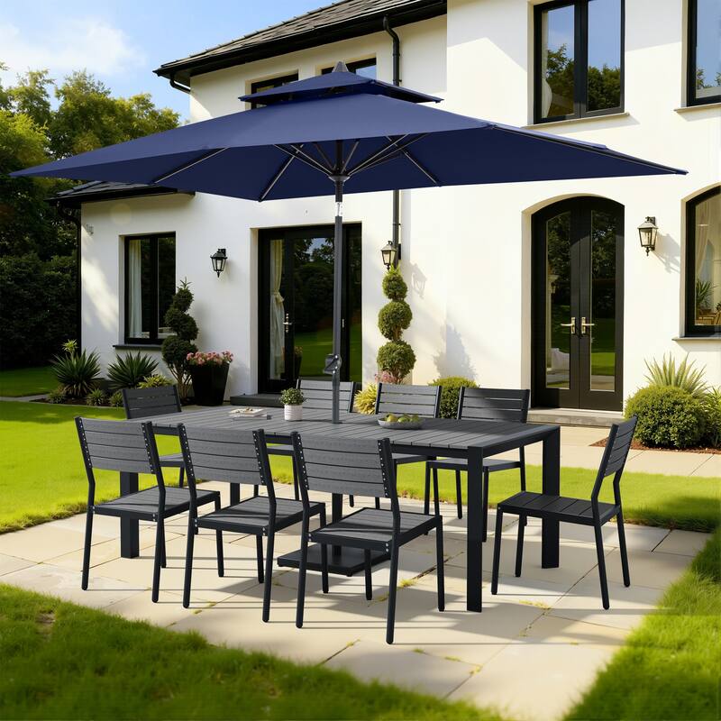9/11-Piece Outdoor Dining Set w/10 ft Umbrella and Base Aluminum Dining Table and Stackable Chairs - Set of 11 - Grey Table with Navy Blue Umbrella