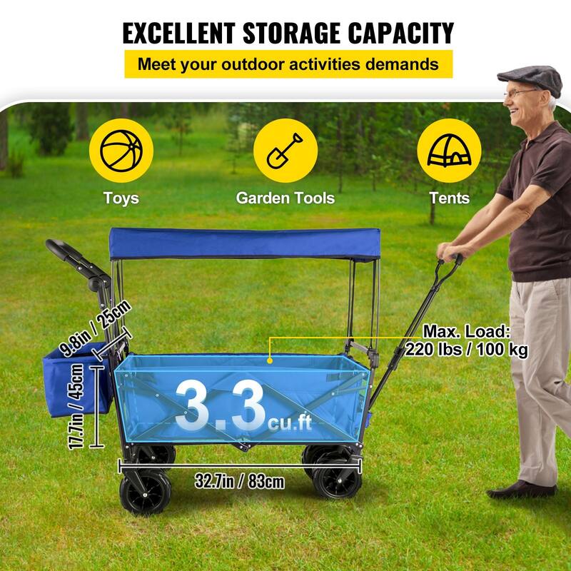 Extra Large Collapsible Garden Cart with Removable Canopy & Rear Storage - Folding Utility Wagon, Blue